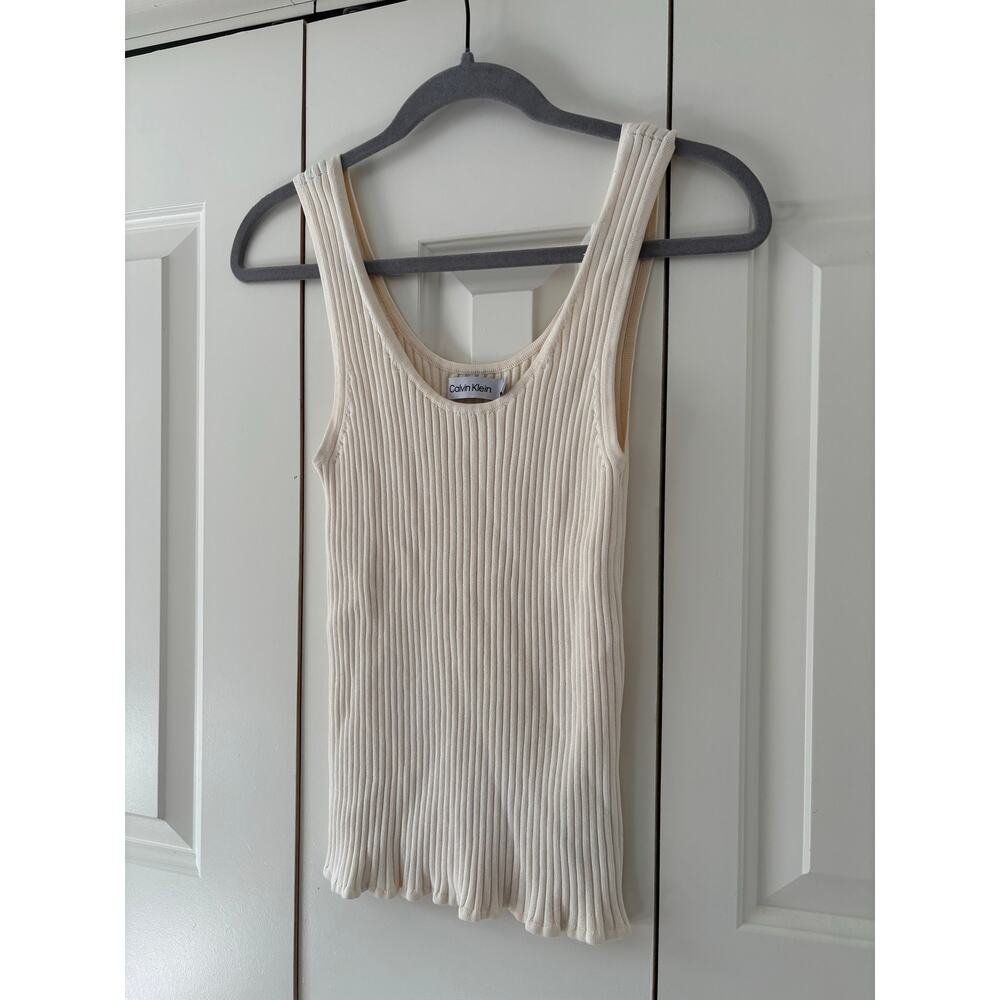 Calvin Klein Ribbed Knit Tank Top Ivory Sleeveless Stretch Women’s Medium M - Picture 4 of 6